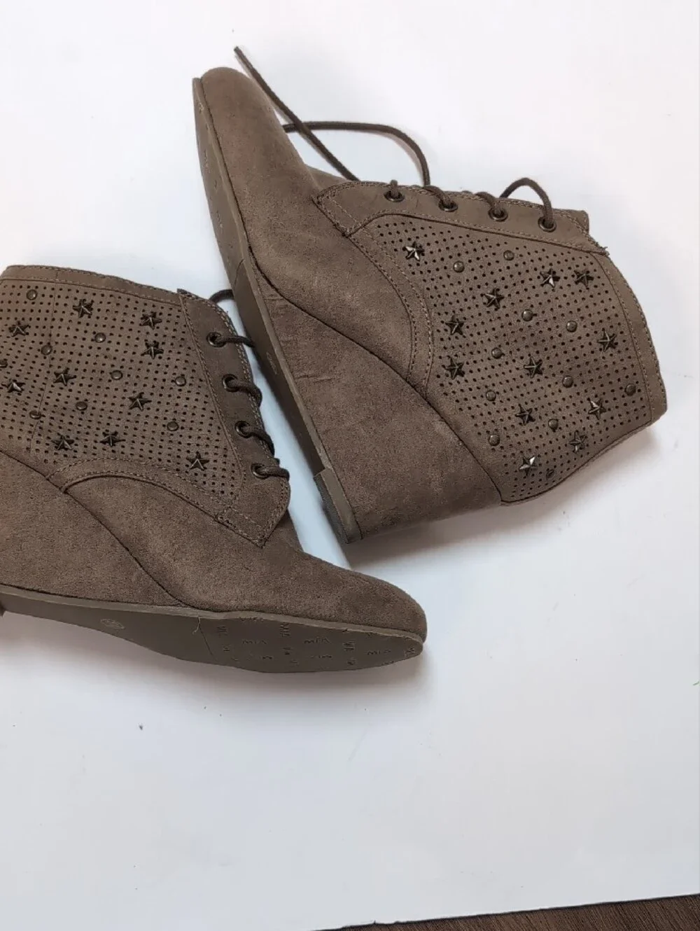 MIA Taupe Lace-Up Perforated Wedge Ankle Boots with Star Studs